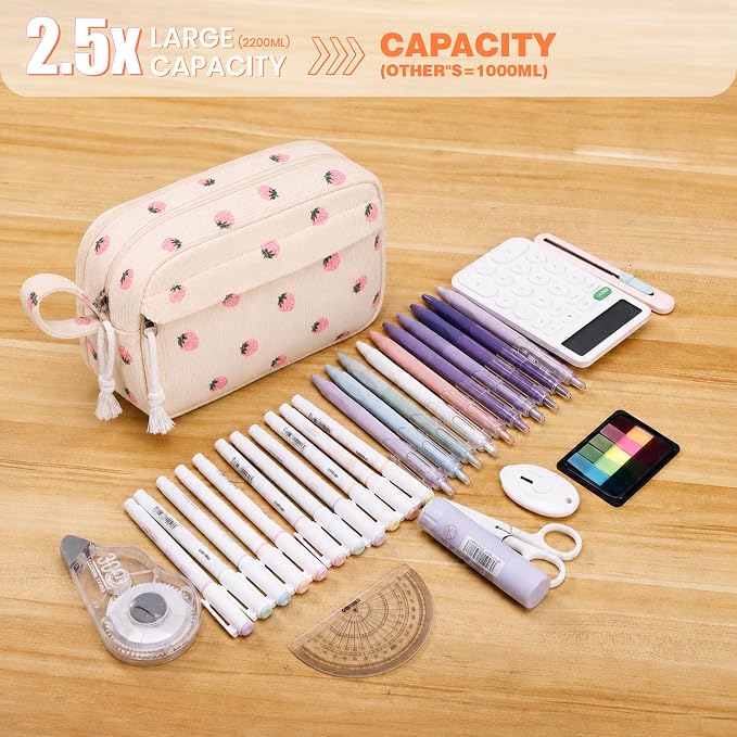 Big Capacity Pencil case,Soft Corduroy Pencil Bag with 3 Compartment,Pencil Pouch School Supplies Cute Pencil Box Pencil Bag for Teen Girls Boys College (Pink Strawberry)