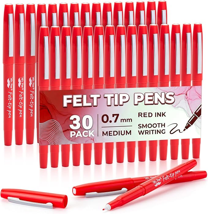 Mr. Pen- Felt Tip Pens, 30 Pack, 0.7 mm, Red Felt Tip Pens Bulk, Fast Dry, No Smear, Planner Markers for Underlining, Writing, Drawing, Journaling Supplies