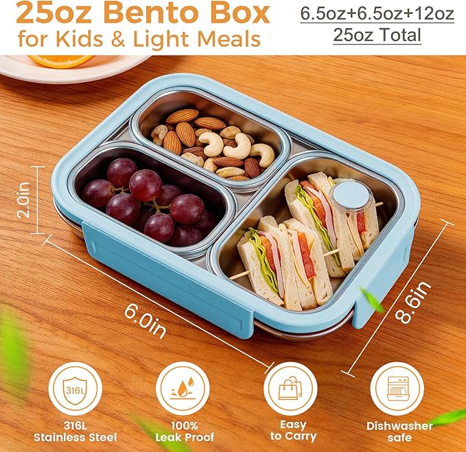 Premium 25oz SUS316L Stainless Steel Lunch Box Bento Box - Reusable Metal Snack Containers with Lids for Kids & Adults - Daycare/School/Work/Travel - Superior Corrosion-resistant (Blue)