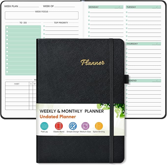 Undated Weekly and Monthly Planner, Hardcover Leather Calendar Blank Planner, Simplified To Do List Notebook with Goal & Habit Tracker Organizer, A5 Daily Weekly Planner for Work School Home, Black