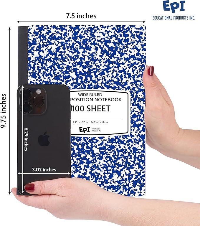 24 Pack - EPI Wide Ruled Marble Composition Notebook - Blue 200 Page Note Book - 9.75 x 7.5 Inch Hardcover Journal with Sewn Binding for Secure Pages - Classroom Back to School Supplies