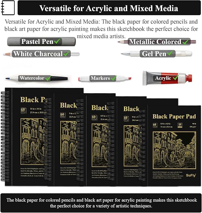 SuFly Black Paper Notebook, 60 Sheets Spiral Bound Sketch Book 9x12, 90lb/150gsm Black Art Paper for Drawing and Painting.