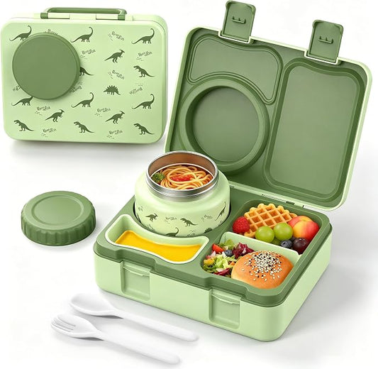 Kids Insulated Lunch Box with 8OZ Thermo Food Jar | Leakproof Bento Box with Ice Pack Sauce Cup Utensils Removable Tray & Dividers for School Daycare Travel, Dinosaurs