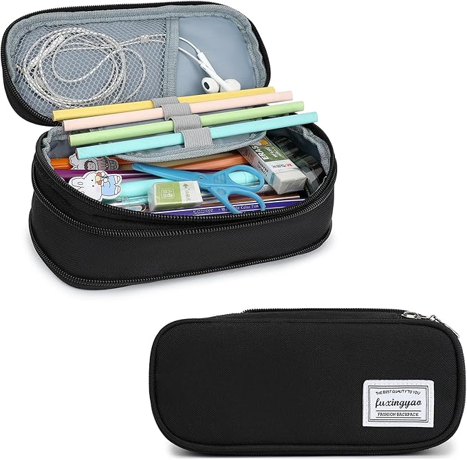 FUXINGYAO Pencil Case, Multi-compartment Pencil Pouch, Portable Pencil Bag (2101-big-BK)