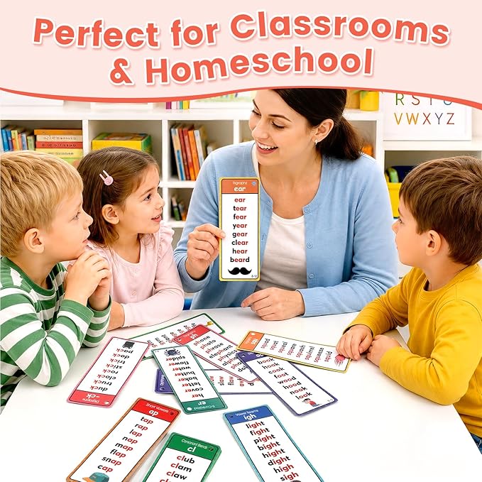 Phonics Flashcards for Kids Ages 4-8, 60 Pcs Words Phonics Word Lists Cards, 117 Phonics Groups with 900+ Rhyming Words, Early Educational Learning Games for Preschool, Kindergarten