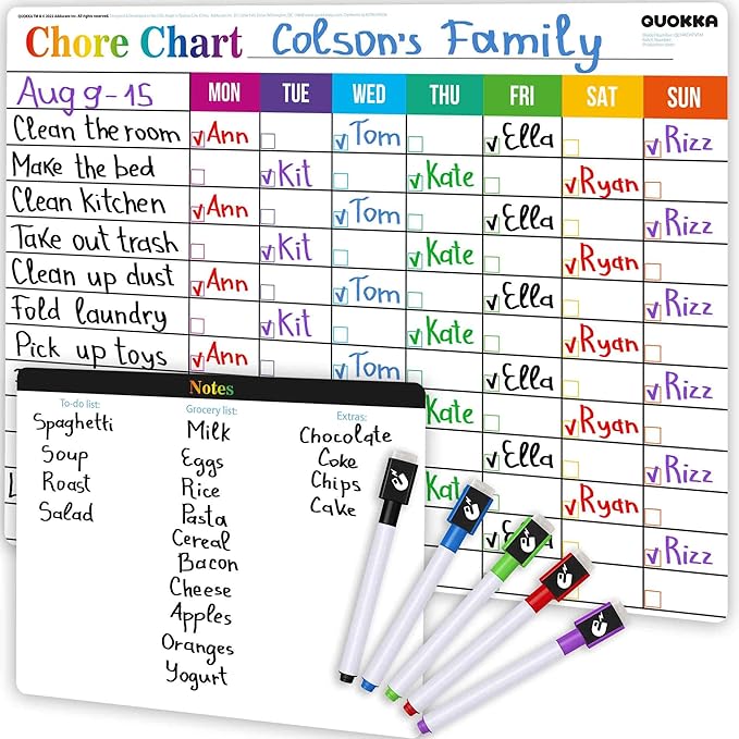 QUOKKA Magnetic Chore Chart for Kids at Home - Gift Reward Visual Schedule Chart - Dry Erase Weekly Planner - Family Task Organizer - Refrigerator Chore Board with Markers