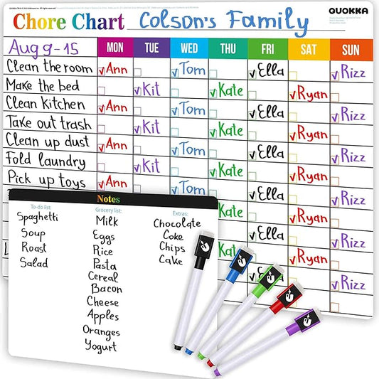 QUOKKA Magnetic Chore Chart for Kids at Home - Gift Reward Visual Schedule Chart - Dry Erase Weekly Planner - Family Task Organizer - Refrigerator Chore Board with Markers