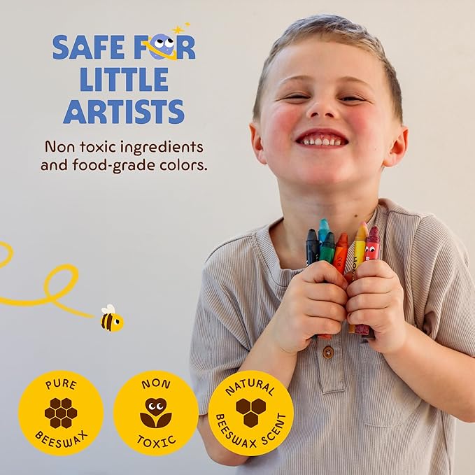 Honeysticks Jumbo Crayons (8 Pack) - Non Toxic Crayons - 100% Pure Beeswax and Food Grade Colors - 8 Bright Colors - Large, Easy to Hold and Use - Preschool Art Supplies for Toddlers/Kids 3-5, 4-8