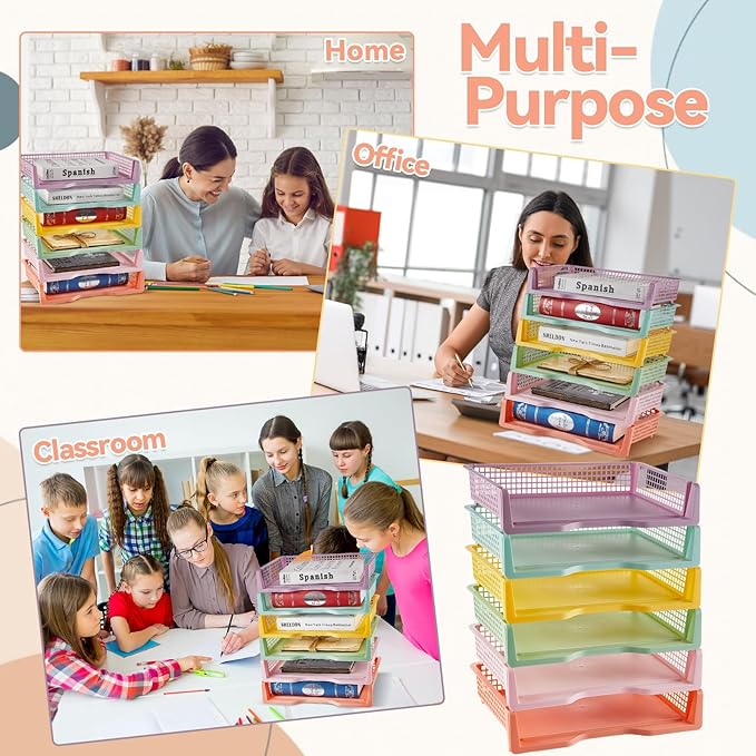 gisgfim 12 Pack Plastic Turn in Paper Trays for Classroom Pastel Storage Bin Basket Organizers for School Teacher Supplies Classroom Office Home Organization Storage Tray Holds 4A Paper File Document