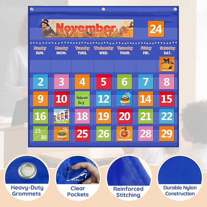 Classroom Calendar Pocket Chart with 88 Cards - Ideal for Homeschool, Classroom & Office, Durable Nylon Wall Hanging Calendar for Early Learning (Blue)