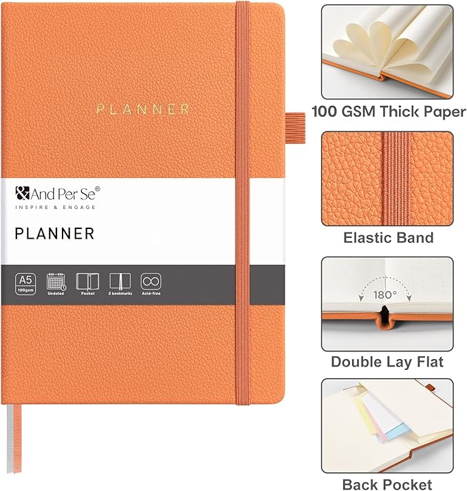 And Per Se Undated Planner, Weekly & Monthly Planner with Goal & Habit Tracker, A5 Leather Hardcover Productivity Journal for Academic Year (Pumpkin Orange)