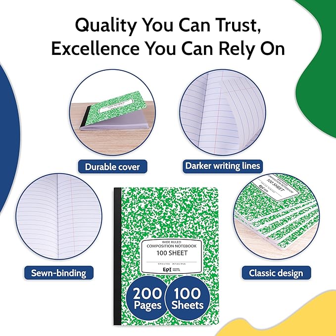 4 Pack - EPI Wide Ruled Marble Composition Notebook - Green 200 Page Note Book - 9.75 x 7.5 Inch Hardcover Journal with Sewn Binding for Secure Pages - Classroom Back to School Supplies
