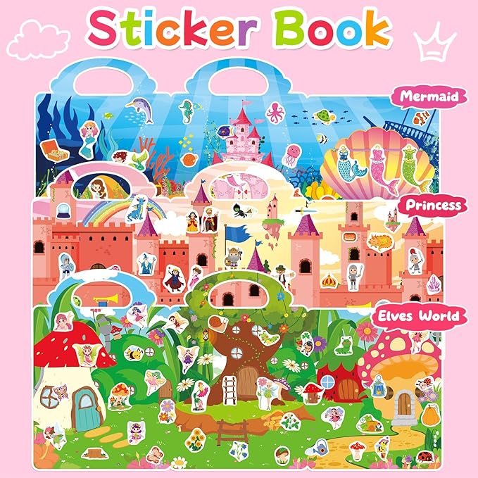 3 Sets Reusable Sticker Book for Toddlers 3-6, Jelly Sticker Books for Toddler, Travel Sticker Activity Toys for Kids 3 4 5 6 Years Old Girls(Princess+Mermaid+Elves World)