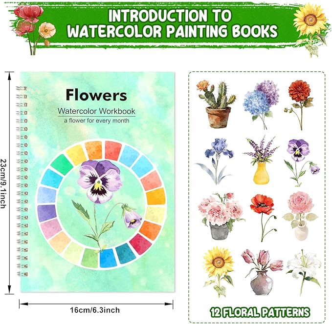 Watercolor Workbook, 24 Colors Solid Paint Set, Flower Themed DIY Patterns, Anti-Warp Paper, Beginner Friendly Art Kit For Adults Teens Kids