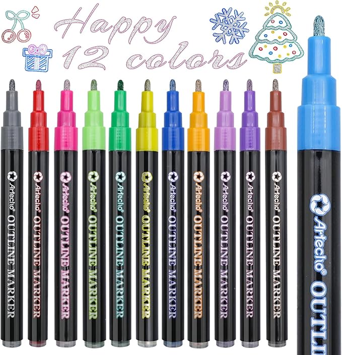 Artecho 12 Colors Self-Outline Metallic Markers, Professional Double Line Shimmer Pens for Adult Coloring, Calligraphy, Illustration & Artist-Grade DIY Crafts