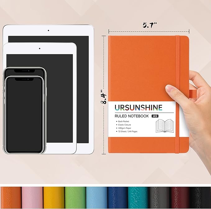URSUNSHINE Ruled Notebook/Journal - Classic Lined Journal/Notebook, Hardcover with Thick Paper, 5.7" x 8.4", Banded + Pen Holder +Inner Pocket - Orange