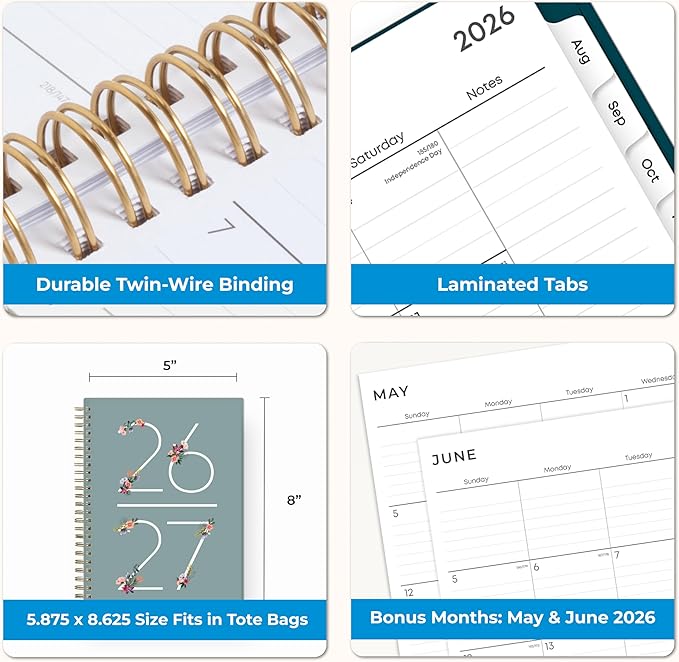 Blue Sky 2026-2027 Weekly and Monthly Academic Year Planner Calendar, July 2026 - June 2027, 5.875" x 8.625", Flexible Cover, Wirebound, Laminated Tabs, Includes Extra 30 Sheets of Notes, Greta