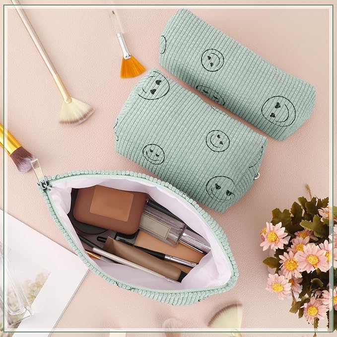 Huhumy 3 Pcs Makeup Bag Set for Women Corduroy Cosmetic Pouch Aesthetic Smile Travel Toiletry Bag Cute Purse Pouch Pencil Case Makeup Brushes Storage Organizer with Zipper(Green,Smile Face)
