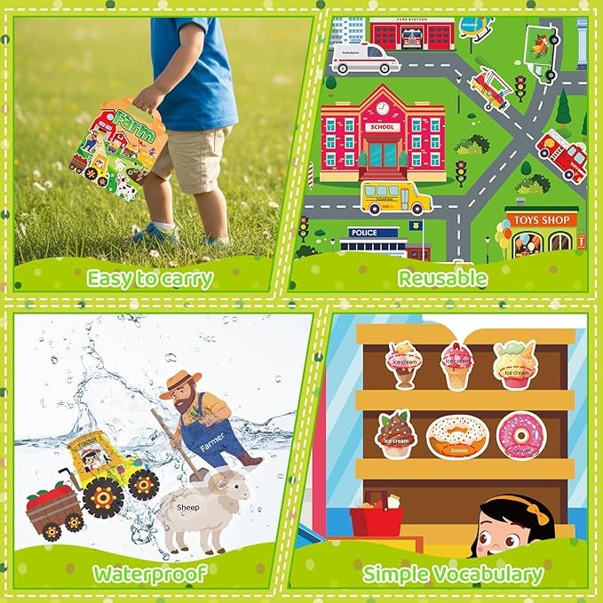 Jelly Sticker Books for Toddlers 2-4 Years, 4 Sets Reusable Sticker Books for Toddlers 1-3, Travel Toys Stickers Activity Book for Ages 2 3 4 5 6 Boy Girl Birthday Gifts (4Sets-Collection 2)