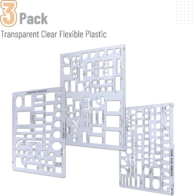 Mr. Pen- House Plan, 3 pcs, Interior Design and Furniture Templates, Clear Flexible Plastic, Drafting Tools, Ruler Shapes for Architecture, 1/4 Inch Scale, Kitchen, Bath, Bedroom, Office, Living Room
