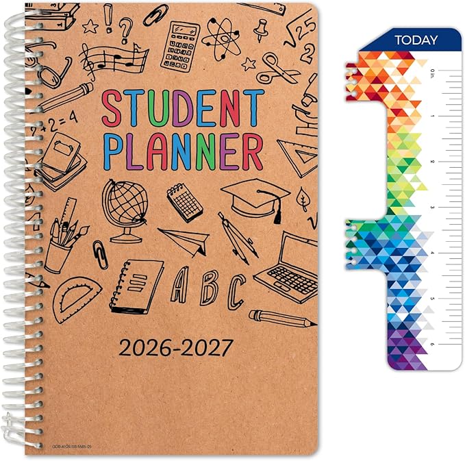 Global Datebooks 2026-2027 Middle & High School Student Planner 5.5" x 8.5" - Dated Weekly & Monthly Academic Planner with Ruler/Bookmark & Stickers, Ideal for Homework, Block Style, Kraft Doodles