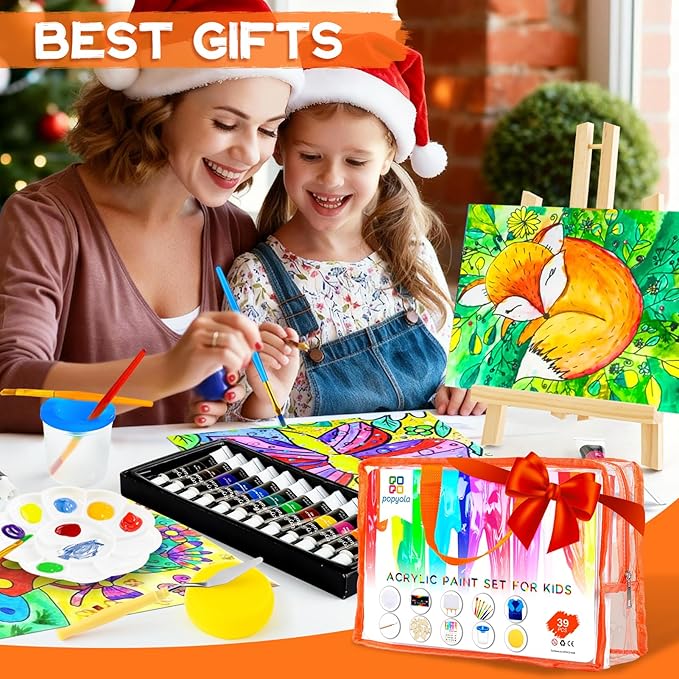 POPYOLA Acrylic Paint Set for Kids, Non Toxic Kids Painting Set with Tabletop Easel, Acrylic Paints, Smock, Canvases, Wooden Stencils, Brushes, Painting Kit Gift for Beginner Student Toddlers