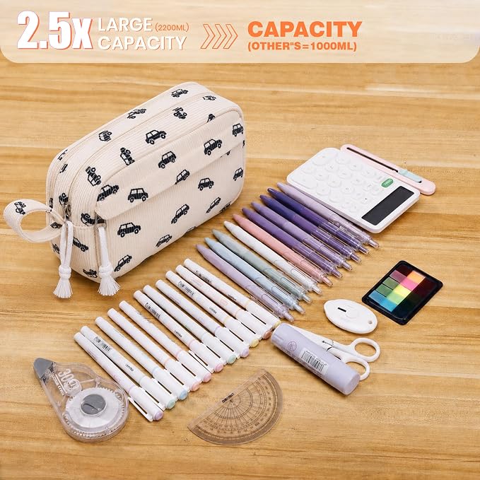 Big Capacity Pencil case,Soft Corduroy Pencil Bag with 3 Compartment,Pencil Pouch School Supplies Cute Pencil Box Pencil Bag for Teen Girls Boys College (Black Car)