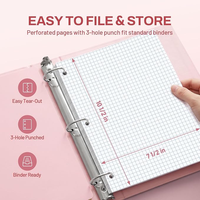 SUNEE Spiral Notebook, 1-Subject, Graph Ruled Paper, 8" x 10-1/2", 100 Sheets per Notebook, 3-Hole Punched Paper, Water Resistant Cover, Spiral Grid Notebooks for Work, Home, School, Writing, Pink