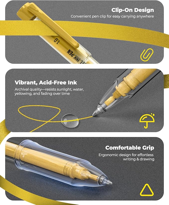 JusArt Gold Pens with 0.4mm, 0.5mm & 1.0mm Assorted Tips, Opaque Gold Ink Pens for Writing, Black Paper Journaling, Drawing & DIY Crafts, Ideal Drawing Pens for Artists & Art Supplies, 3 Pack