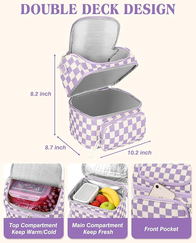 HowFly Lunch Bag for Women Insulated Lunch Boxes Corduroy Resuable Double Deck Lunch Box for Girls Teens Kigs Boys Portable Thermal Cooler Bags for School Work, Purple Checkered