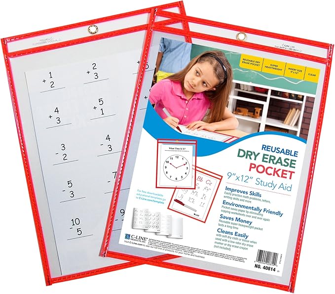 C-Line Reusable Dry Erase Pockets, 9 x 12 Inches, Red(40814-30)
