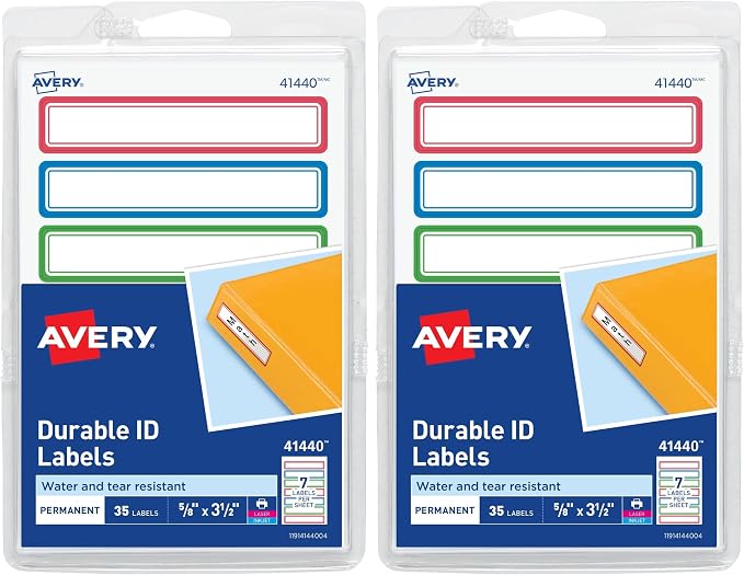 Avery(R) Durable Labels for Kids' Gear, 5/8" x 3-1/2", Assorted Border Colors, Water-Resistant, 35 Rectangle Labels Total (Pack of 2)