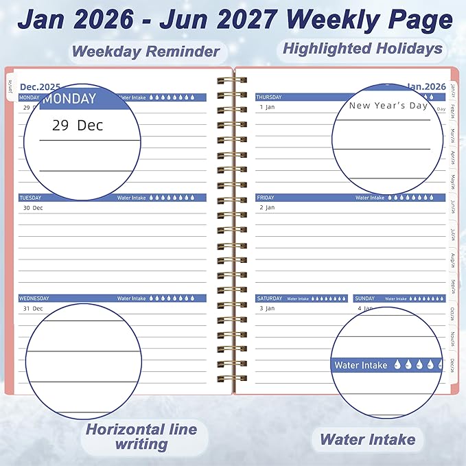 Day Planner 2026-2027, Weekly and Monthly Planner 2026, from Jan 2026-Jun 2027, 18 Month Agenda Book with Tabs, A5 Size, Pink