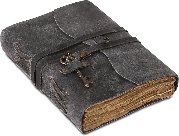 Leather Journal with Deckle Edge Paper 8x6 inch and Vintage Key | Handmade Writing Notebook Diary | Bound Daily Notepad for Men & Women Medium, Sketch/Writing pad for Artists