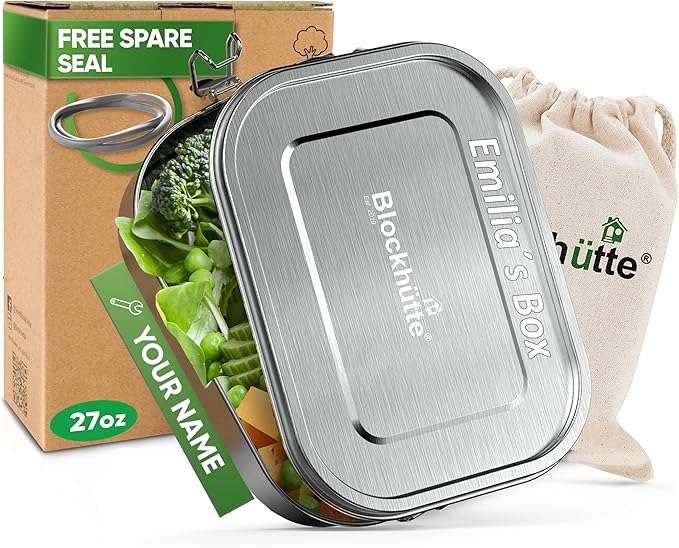 Blockhütte Custom Lunch Box for Kids Stainless Steel I 27oz I Bento Box Custom Name I Metal Lunchbox I Non-Toxic, Eco-Friendly, Leakproof Lunch Container Adults I Personalized Gifts for men