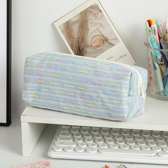 Cute Striped Pencil Case for Girls Large Capacity Aesthetic Pen Pouch with Zipper Stationery Organizer Bag for School Office Durable Pencil Box for Teens Students Women Kids (Square-Blue)