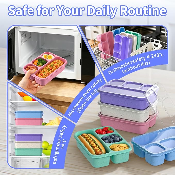 Bento Box 5-Pack, 4-Compartment Lunch Box for Women, Men & Kids, BPA-Free Wheat Straw Snack Containers, Ideal for Meal Prep, Travel, School, Work (Purple)