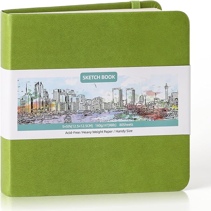 Prudiut Hardcover Pocket Sketchbook, 5" x 5" Square Mini Sketchbook, 98lb/160gsm Heavyweight Tiny Sketch Book, 80 Sheets Small Travel Drawing Journal for Adults, Artist, Ideal for Gift (Emerald Green)