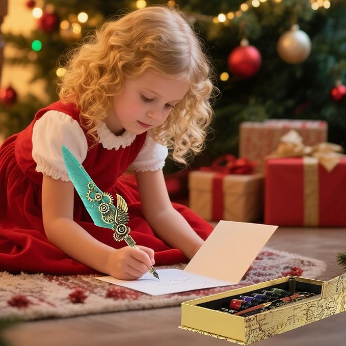 Feather Pen and Ink Set Calligraphy Kit for Beginners with Quill Pen, Antique Vintage Stationary Set for Writing, Signing & Hand Lettering Art(Green feather)