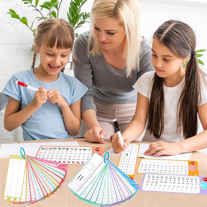 30Pcs Addition and Subtraction Flash Cards, Math Flash Card with 4 Dry Erase Pens 2 Rings, Time Table Flash Cards for 1st to 3rd Grades Fun Learning with Math Game