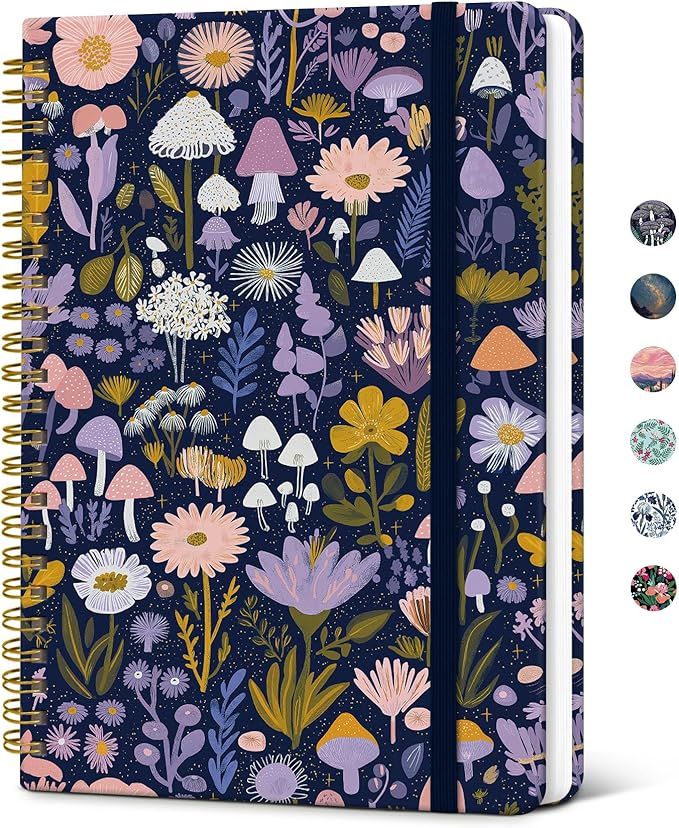 Taja Lined Spiral Journal Notebook for Women, Pretty College Ruled Notebook for Work & Note Taking, A5 Hardcover Journal for Writing, Cute Aesthetic 140 Pages, Mushroom Garden