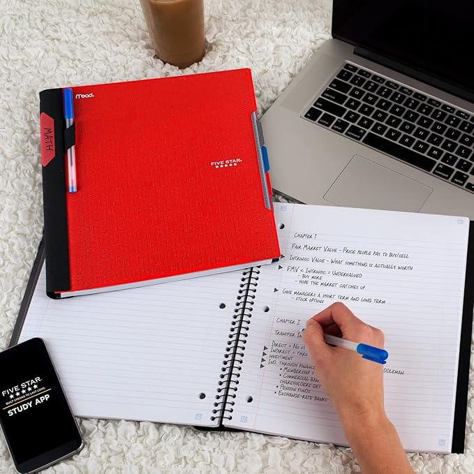 Five Star Advance Spiral Notebook + Study App, 3 Subject, College Ruled Paper, 8-1/2" x 11", 150 Sheets, Spiral Guard, Movable Tabbed Dividers, Fire Red (73134)
