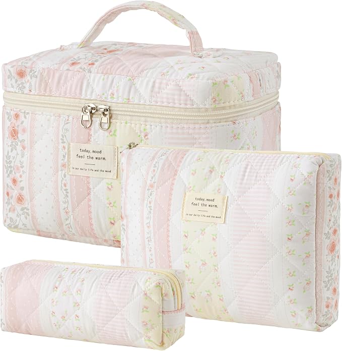 HBselect Quilted Makeup Bag, 3Pcs Cotton Large Travel Makeup Bags Organizer | Cute Floral Make up Bag Cosmetic Bag Toiletry Bag for Women Girls, Makeup Pouch for Skincare, Brushes & Travel Essentials