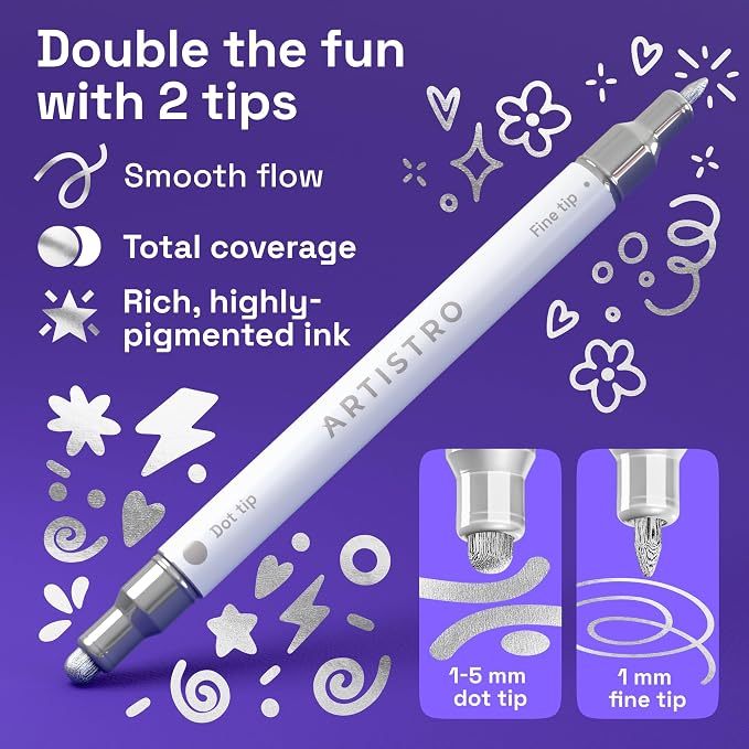 ARTISTRO 12 Silver Dual-Tip Acrylic Paint Markers – Paint Pens Set with Dot & Fine Tips for Fabric, Rock, Glass, Wood, Coloring Books – Arts & Crafts Gift – Classroom Must Haves & School Supplies