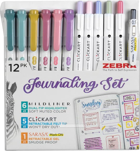 Zebra Pen - Premium 12-Pack Journaling Set - No Bleed MILDLINER Highlighters, CLiCKART Pens & SARASA Gel Pen - Assorted Colors for Note-Taking, Bible Study, Journaling and Creative Planning (14012)