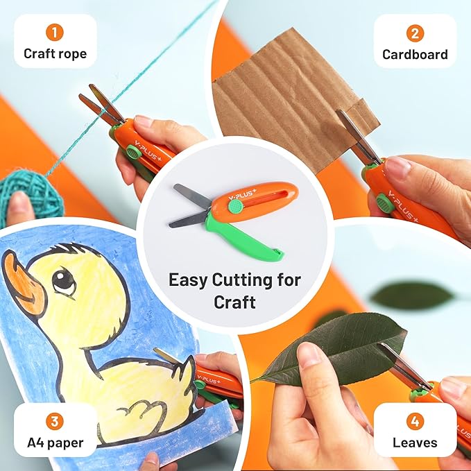 Safety Scissors for Kids, Retractable Small Scissors for Toddler Craft Ages 3-5 2-4 1-3, Cute Toddler Craft Preschool-Orange