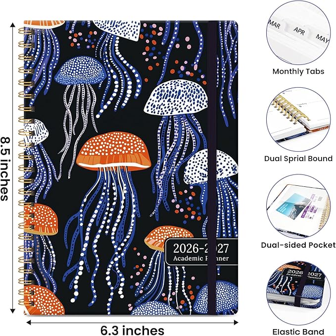 Planner 2026-2027, Academic Planner Weekly and Monthly, Jul 2026 - Jun 2027, Spiral Bound School Planning Tool with Tabs and Pocket, Perfect for Students & Teacher, 6.3" x 8.5", Jellyfish Waltz