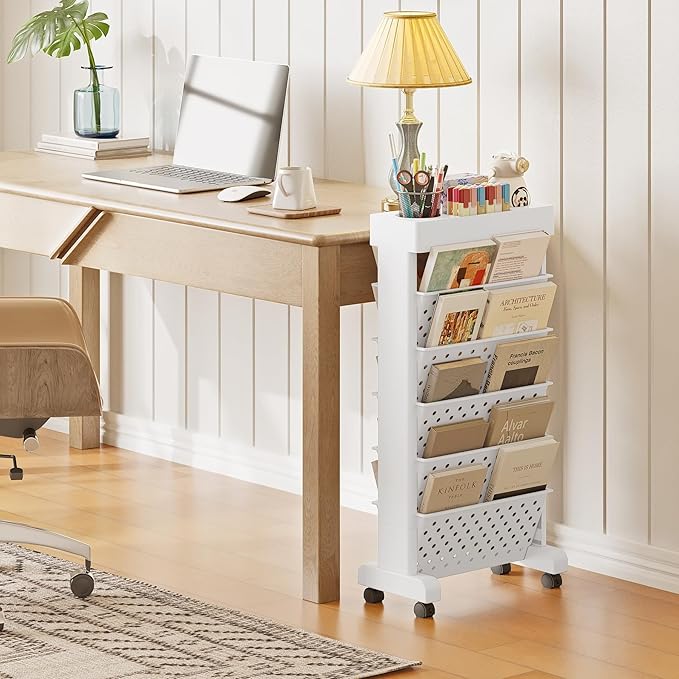 6-Tier Mobile Bookshelf, Rolling Bookcase Book Storage Rack, Movable File Folder Organizer Cart with Wheels for Home Study Office Living Room Classroom, White