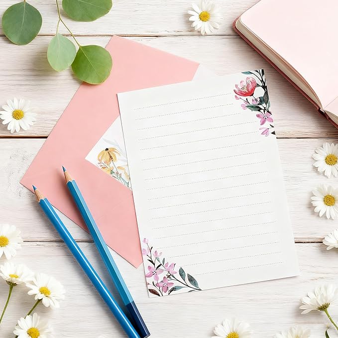 37 Pcs Stationery Paper Envelopes Set Includes 24 Lined Writing Paper & 12 Envelopes with 48 Round Stickers, Warm Floral Themed Letter Stationary Set for Wedding Invitations Wishes Flower(6 Style)