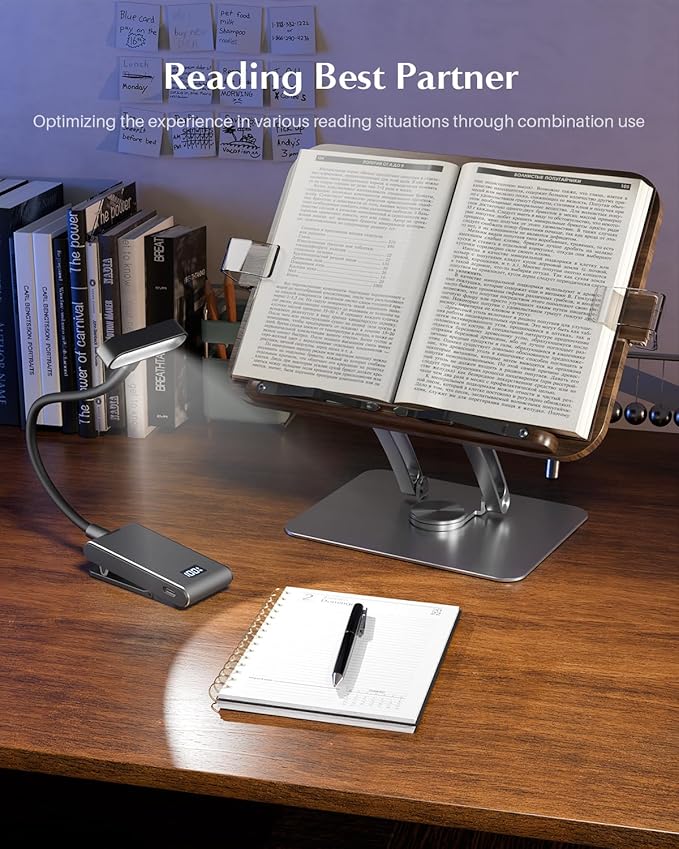 Book Stand for Reading,Adjustable Book Stand with Light,360° Rotating Metal Base,Foldable Cookbook Stand,Reading Hands Free with Page Clips for Recipe,Textbook,Laptop（3CCT & CRI 90）